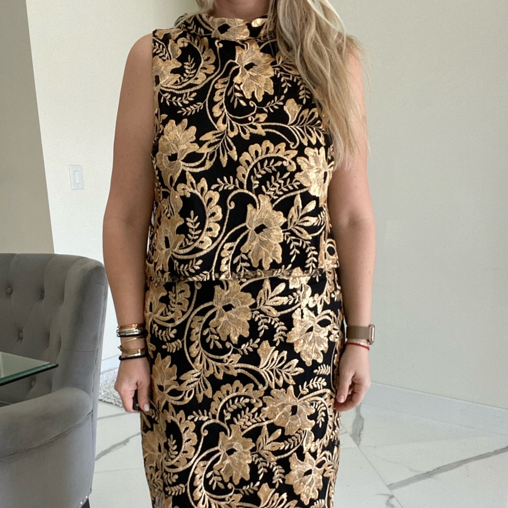 2 piece skirt and shirt black and gold outfit